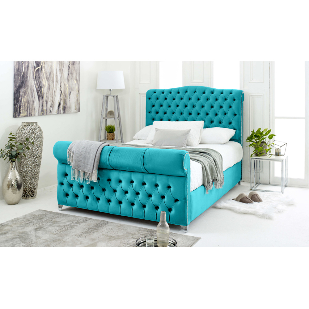 Eleganza Maynard Double Teal Plush Velvet Bed Frame with Matching Buttons Image 2