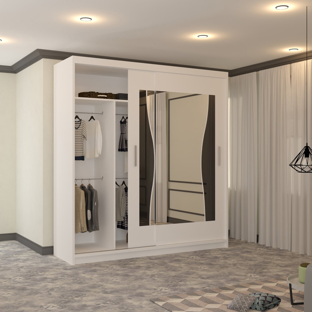M N Furniture Banton 2 Door White Curved Mirrored Sliding Wardrobe 203cm Image 3