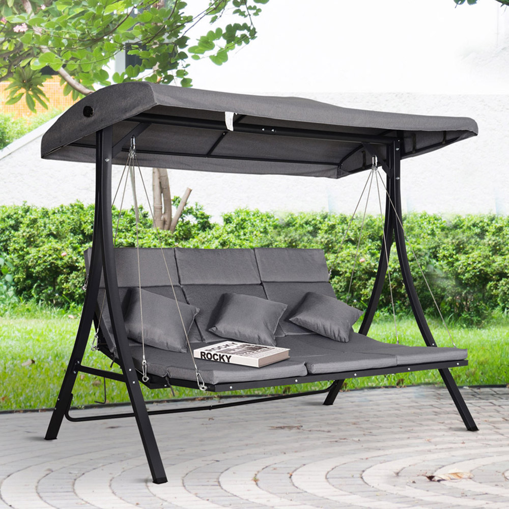 Outsunny 3 Seater Grey Swing Chair with Canopy Image 1