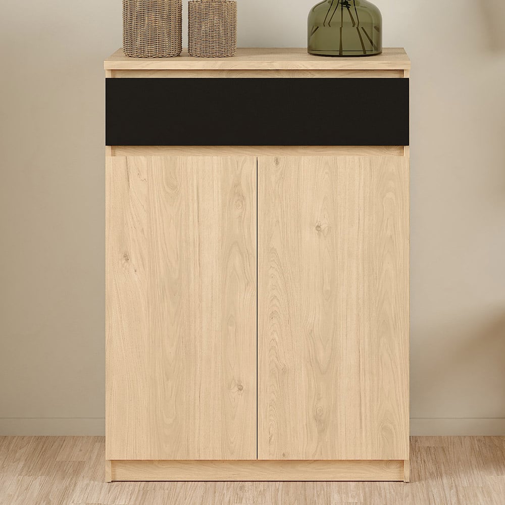 Florence 2 Door Single Drawer Jackson Hickory Oak and Black Shoe Cabinet Image 1
