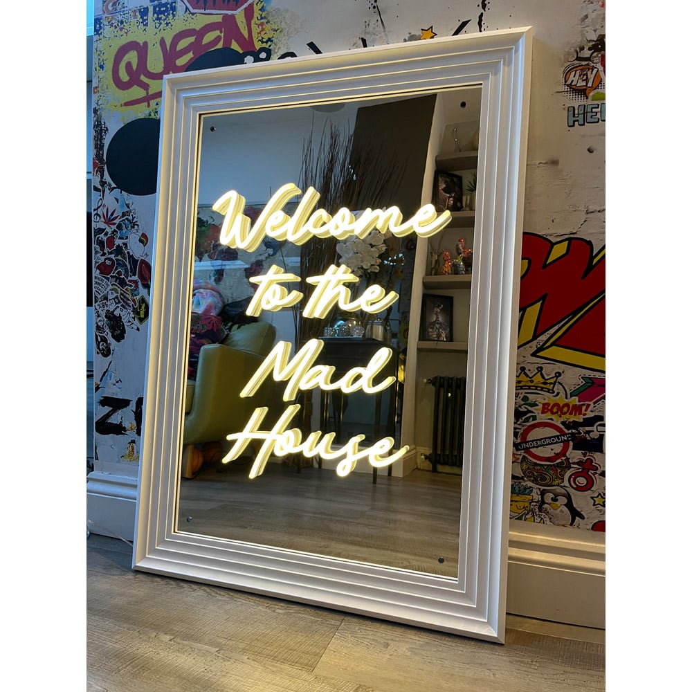 Splashbax Welcome to the Mad House Mirror White Premium Gallery Frame LED Neon Wall Art Image 2