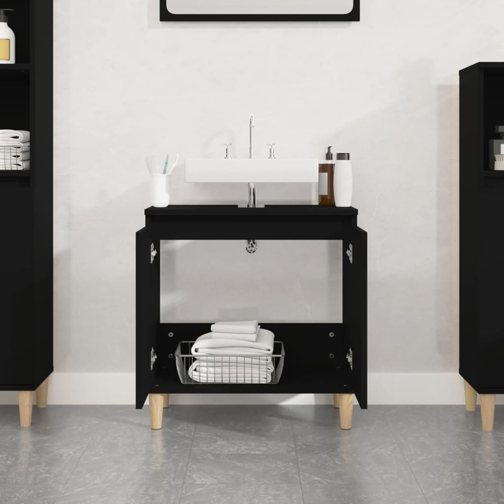 vidaXL 2 Door Black Bathroom Sink Cabinet with Wooden Feet Image 8