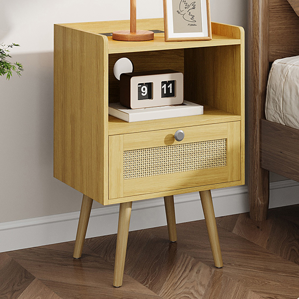 Living and Home Single Drawer Natural Wooden Bedside Table with Power Strip Set of 2 Image 1