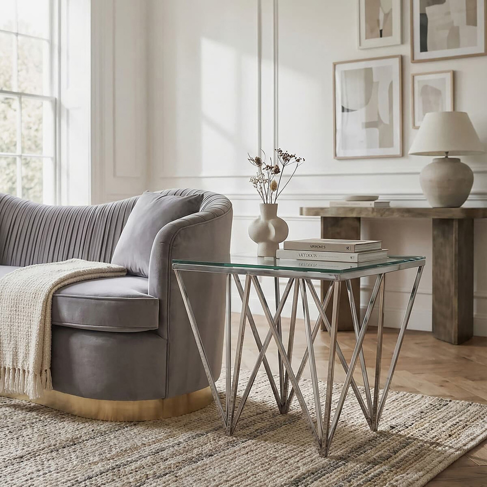Premier Housewares Allure Silver Finish End Table with Glass Top and Prismatic Legs Image 5
