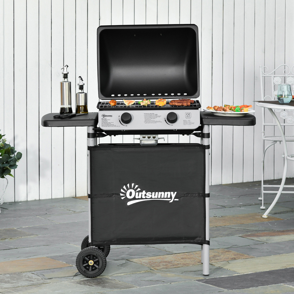 Outsunny Black 2 Burner Gas BBQ Grill with Side Shelves Image 2