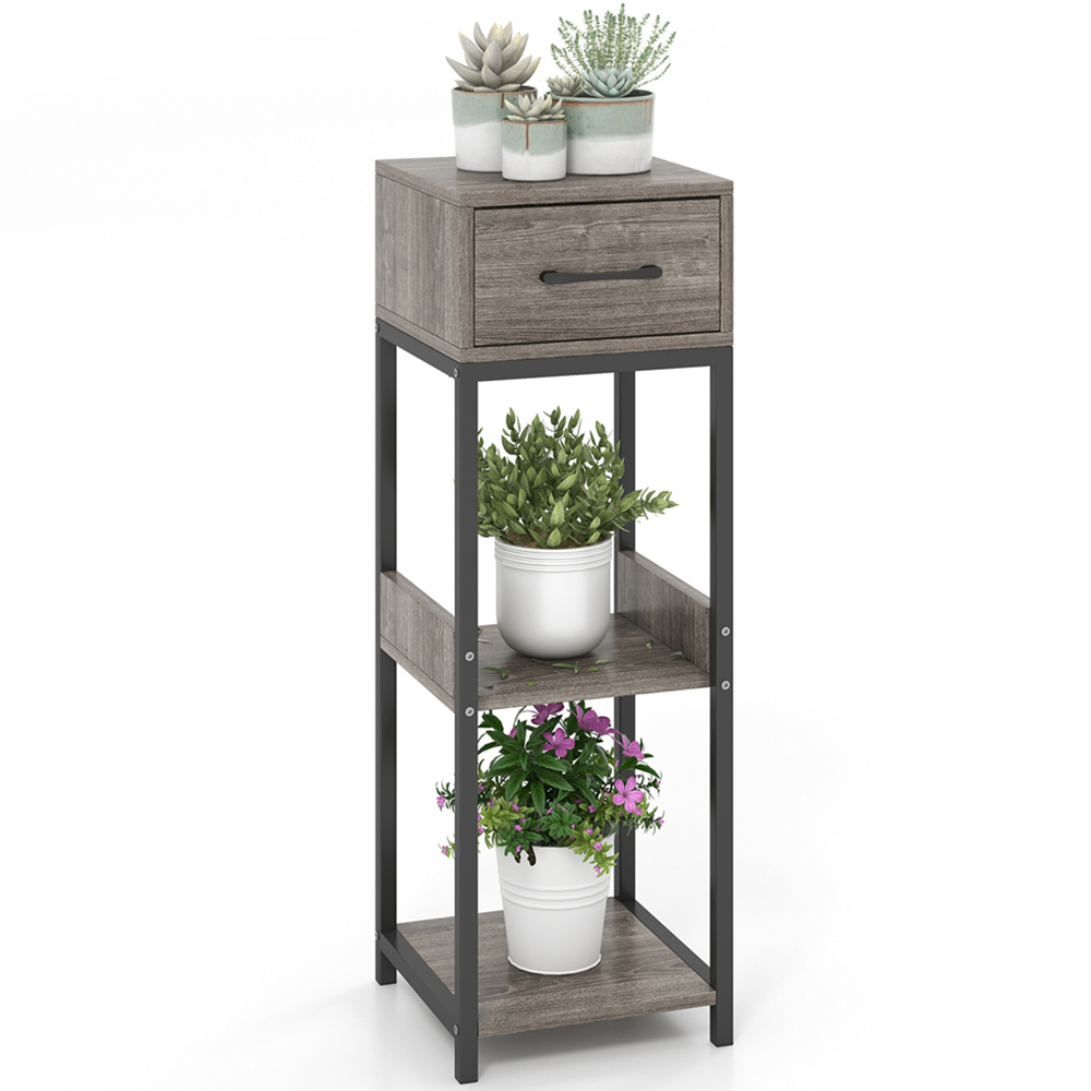 Costway Single Drawer 3 Shelf Grey Indoor Plant Stand Image 3