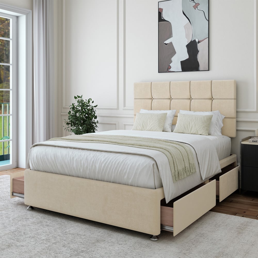 Bedmaster Small Double Cream Naples Velvet 4 Drawer Divan Base with Pearl Headboard Image 3