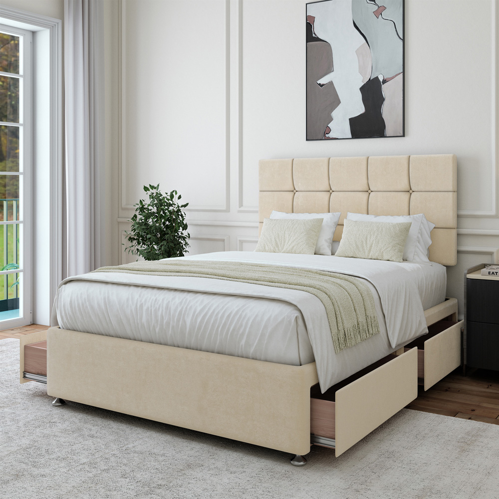 Bedmaster King Size Cream Naples Velvet 4 Drawer Divan Base with Pearl Headboard Image 3