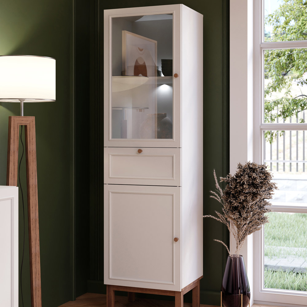 Florence Wensley 2 Door Single Drawer Light Grey and Oak Glass Display Cabinet with LED Lighting Image 1
