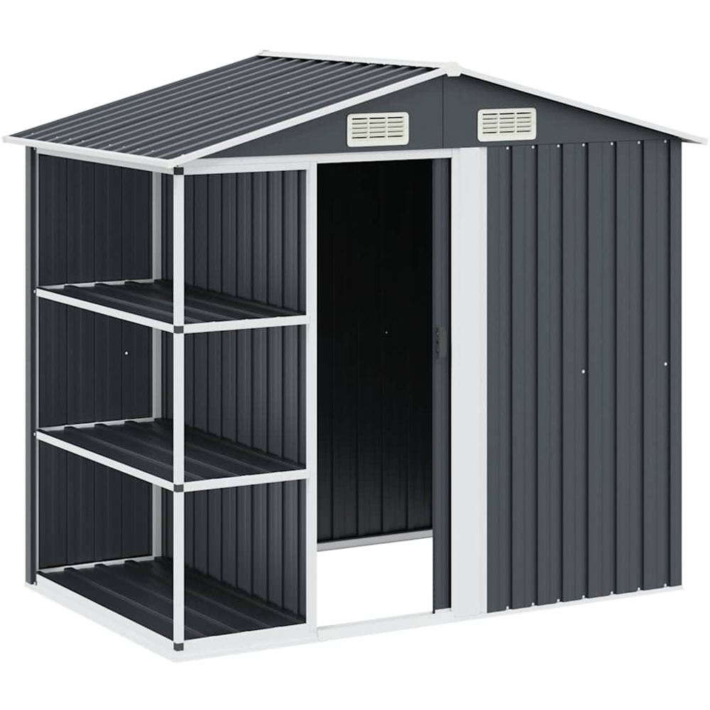 vidaXL 6.7 x 4.3ft Grey Galvanised Iron Apex Garden Shed with Log Rack Image 3