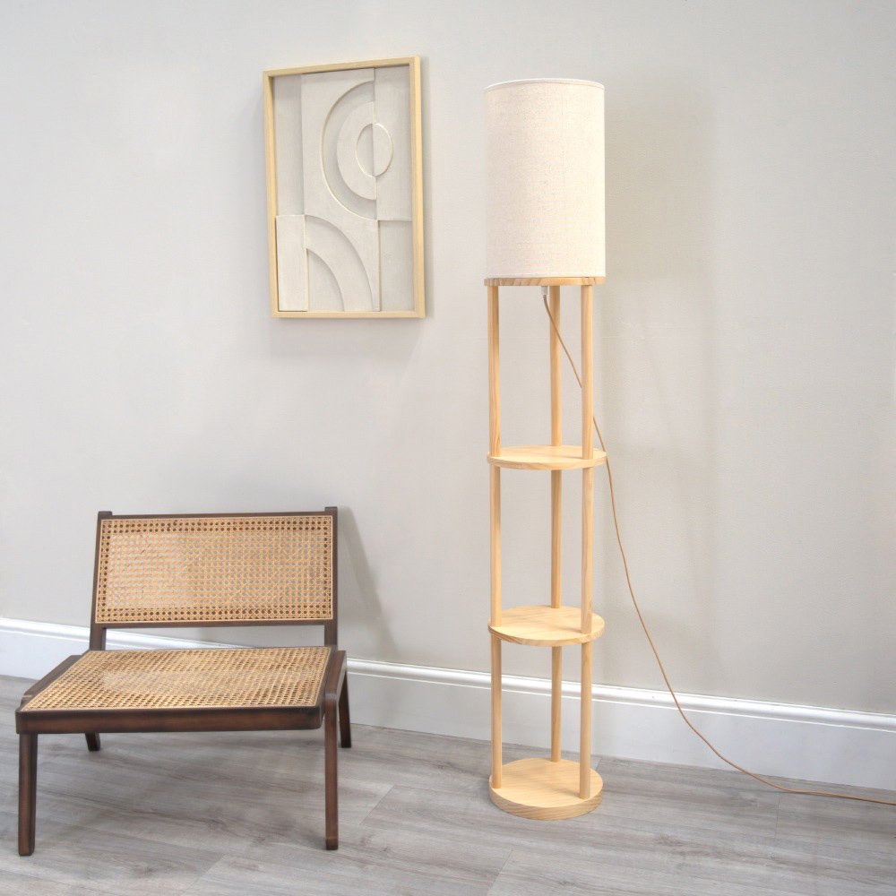 ValueLights Elsa 3 Shelf Cream Shade Wooden LED Floor Lamp Image 3