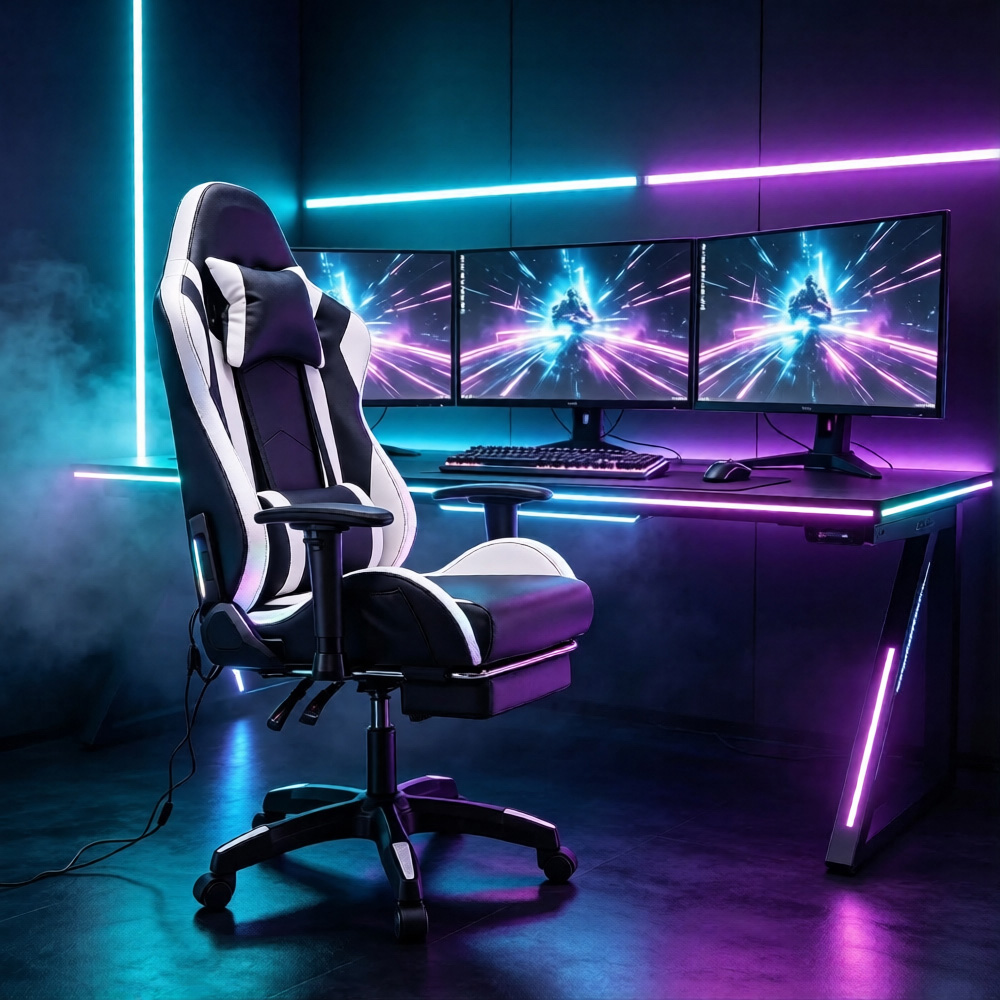 Living and Home Black and White RGB LED Bluetooth Speaker Gaming Chair with Massage and Footrest Image 8