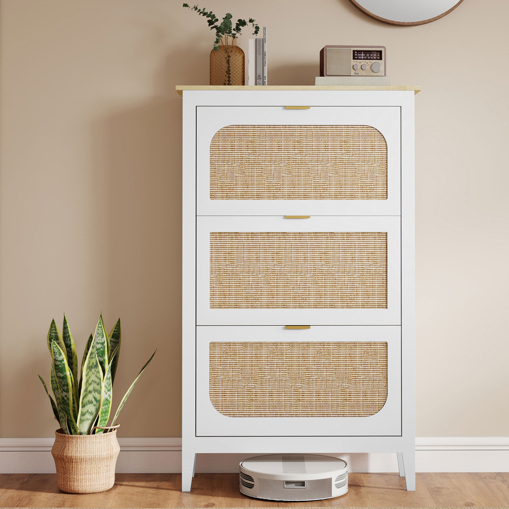 HOMCOM Boho 21 Pair White Rattan Slim Shoe Cabinet Image 4