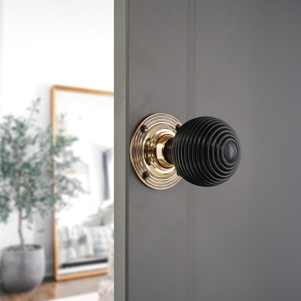 Spira Brass Aged Brass Ebony Beehive Rim and Mortice Door Knob 2 Pack Image 2