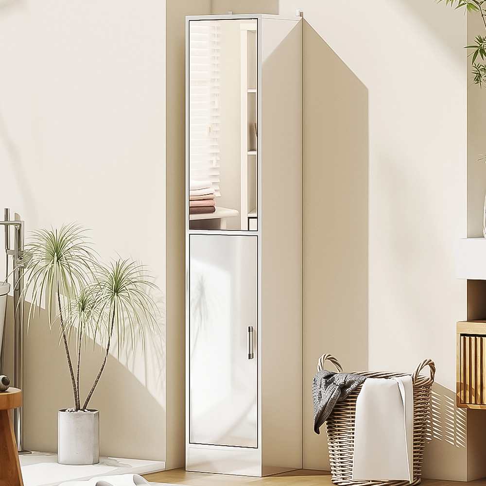 Kleankin Single Door High Gloss White Tall Bathroom Cabinet with Mirror Image 1