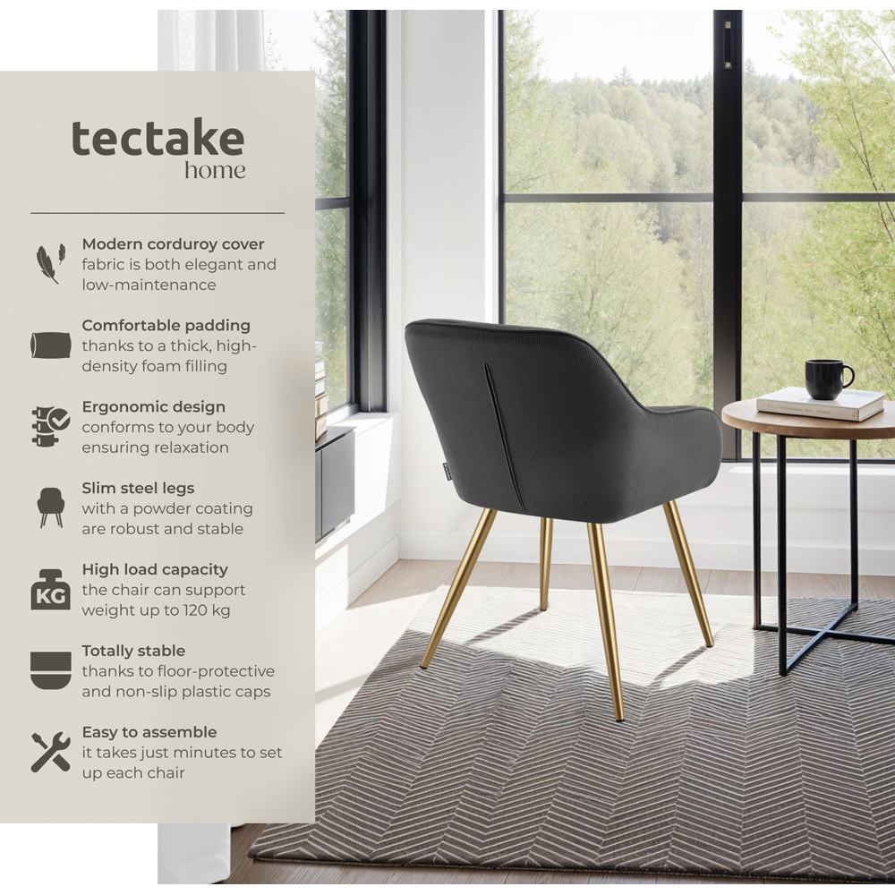tectake Marilyn Anthracite and Gold Corduroy Padded Dining Chair Image 8