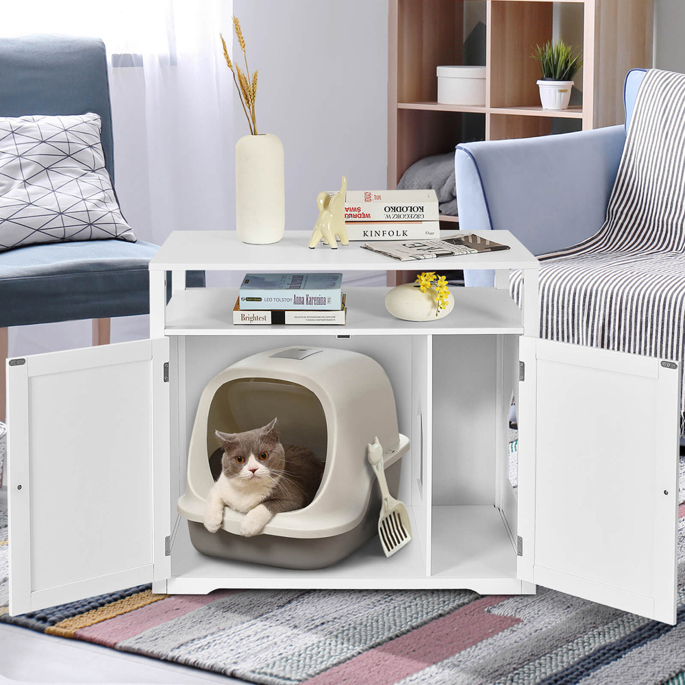Costway White Cat Litter Box Enclosure with Adjustable and Removable Divider Image 6