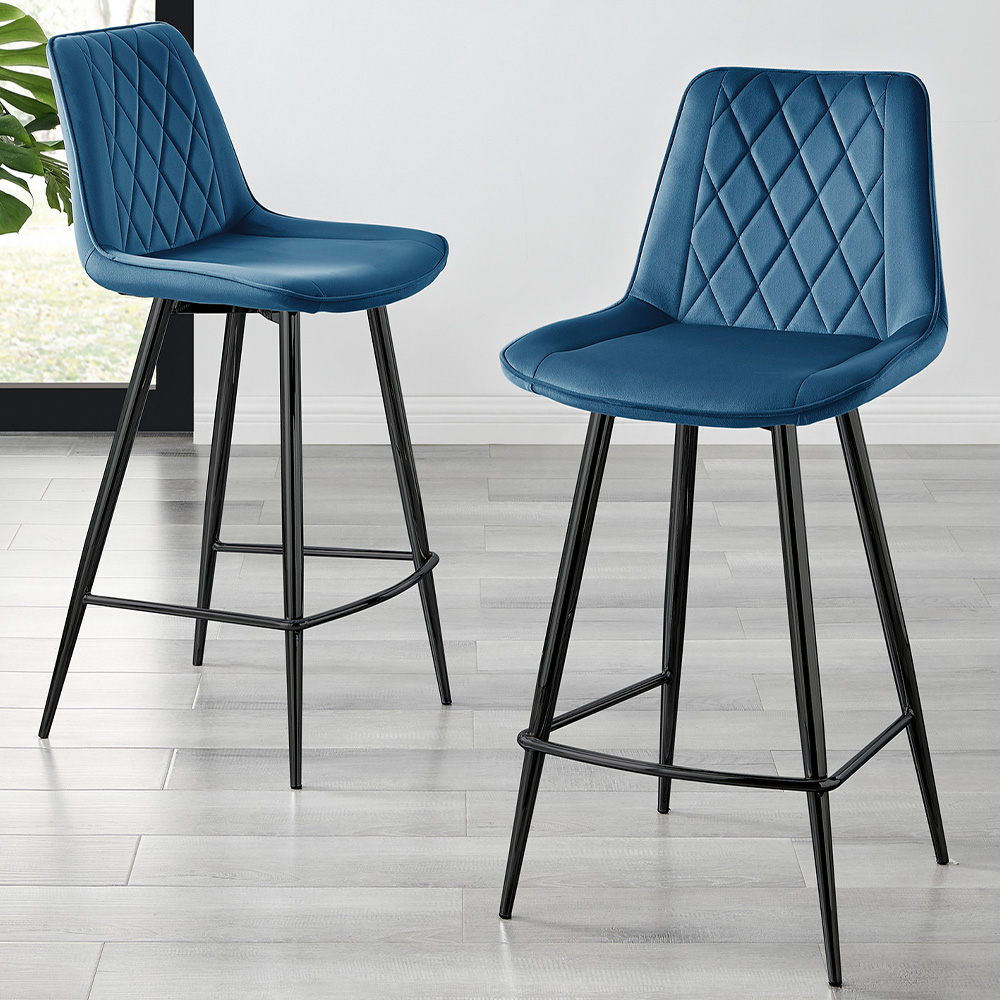 Furniturebox Cesano Navy and Black Velvet Bar Stool Set of 2 Image 1