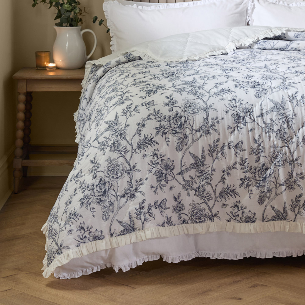 Wylder Hermoine Ivory Blue Nature Ruffled Cotton Bedspread 150 x 200cm Image 2