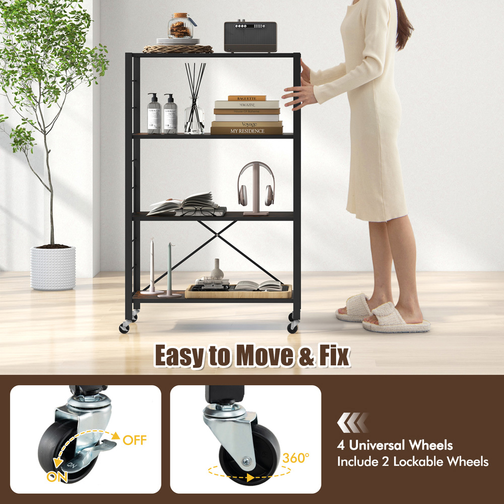 Costway 3 Shelf Black Metal Folding Wheeled Shelving Rack Image 7