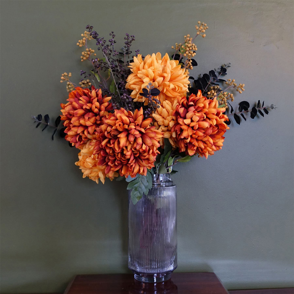 Leaf Orange and Black Artificial Flower Bundle with Glass Vase 65cm 12 Pack Image 2
