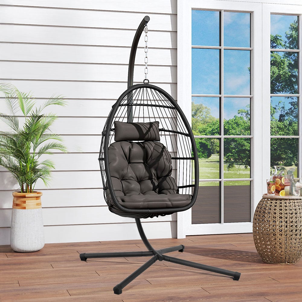 Living and Home Black Linear Wicker Hanging Egg Chair Image 1