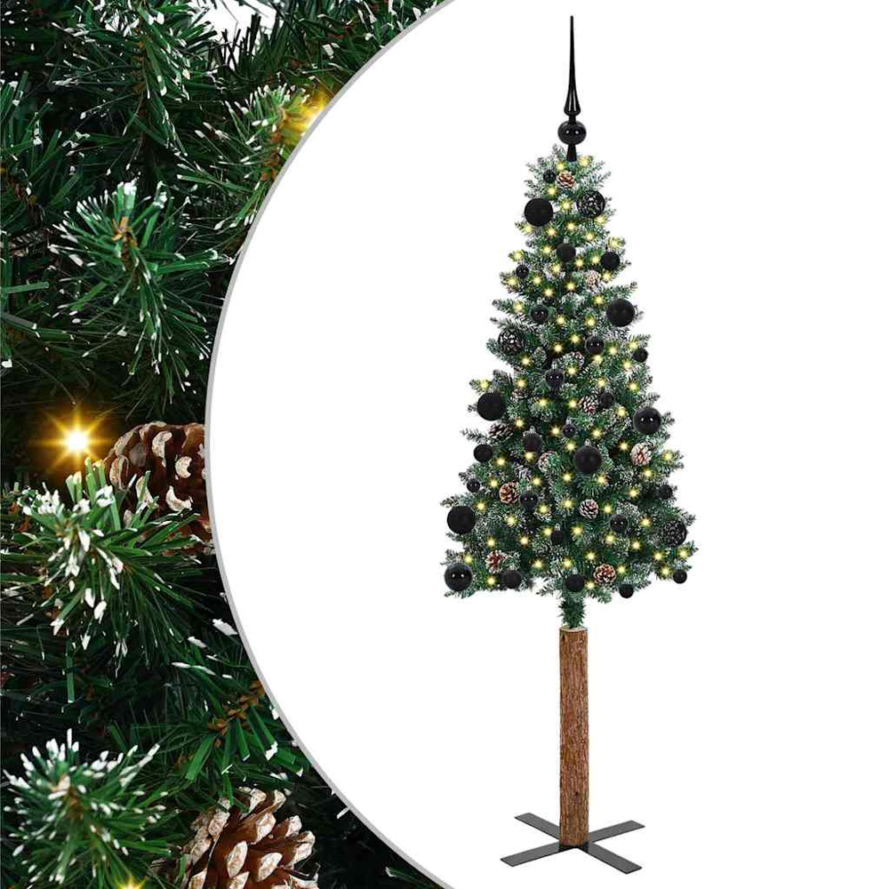 vidaXL Green Snow Flocked Artificial Christmas Tree with Pinecones LEDs Black Ornaments 5ft Image 2