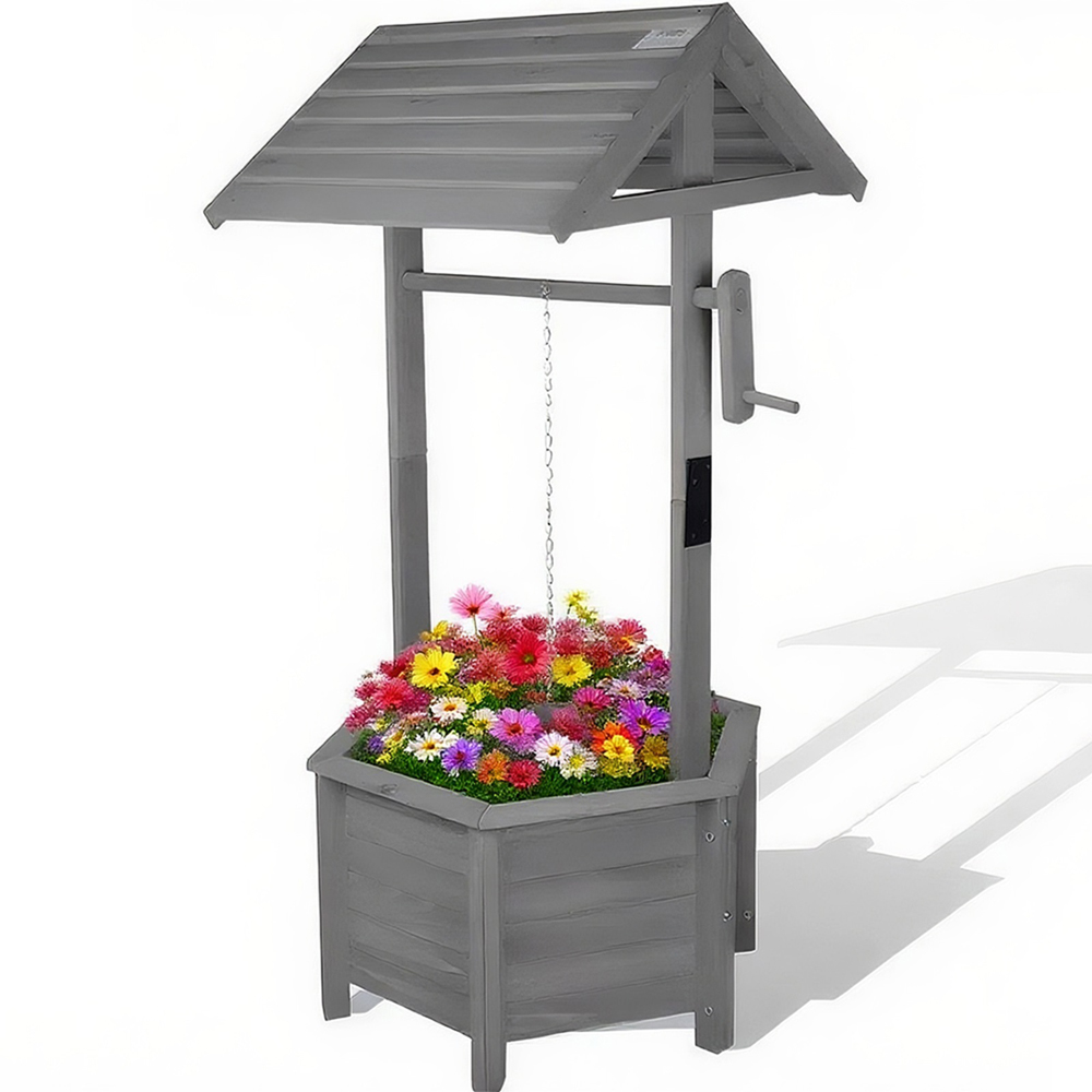 Gr8 Garden Wooden Grey Wishing Well Bucket Planter Plant Image 3