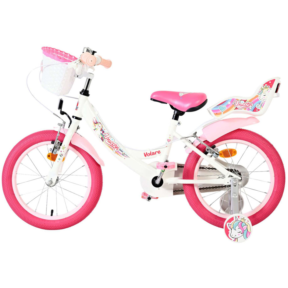 Volare Unicorn Kids 16 inch White and Pink Bike with Stabilisers Doll Seat and Basket Image 5
