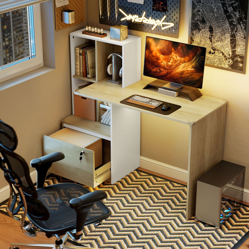 HOMCOM Single Drawer 4 Shelf Computer Desk Oak Wood Effect Image 2