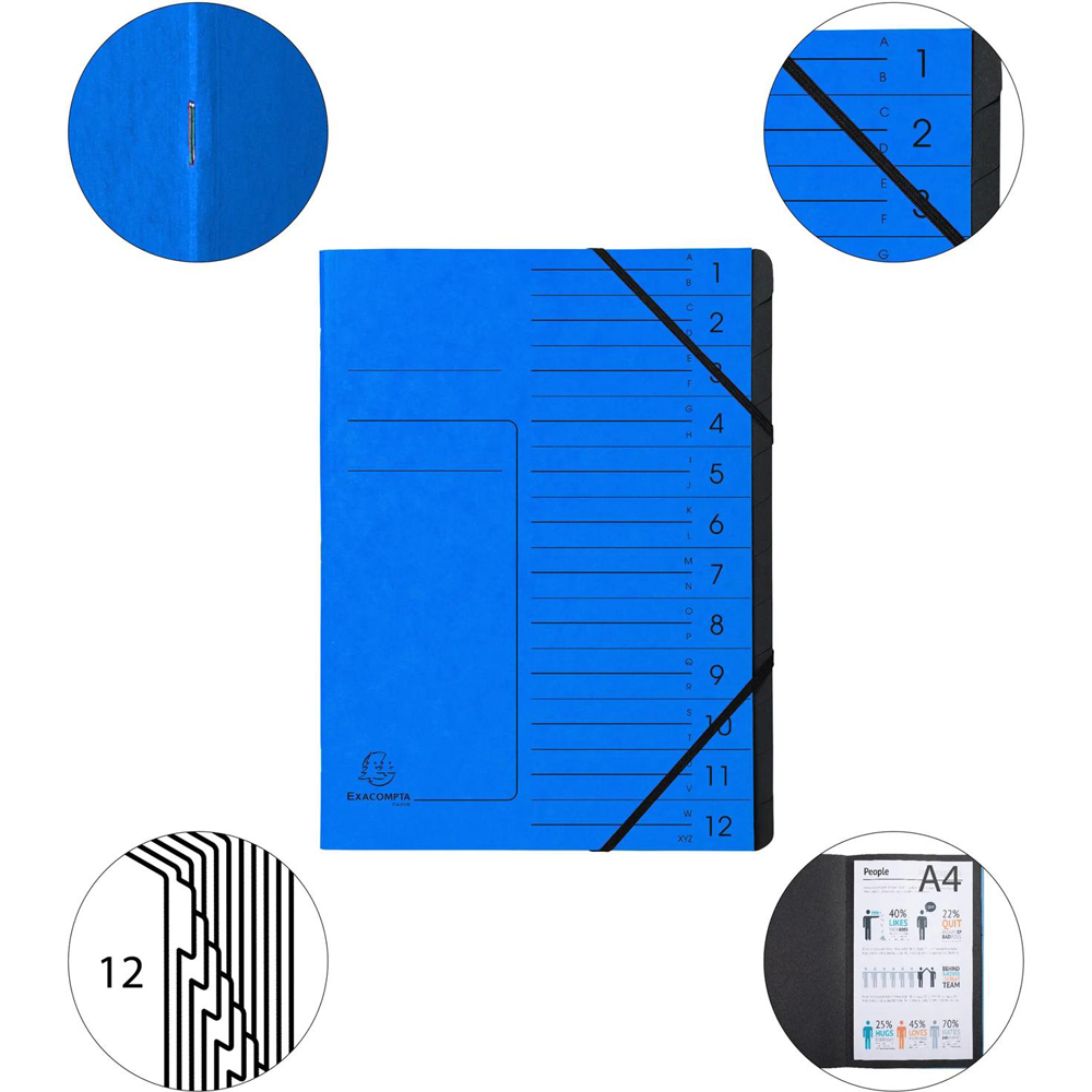 Multi Compartment File Exacompta A4 12 Compartment Blue Stapled Multipart File with Elastic 10 ...