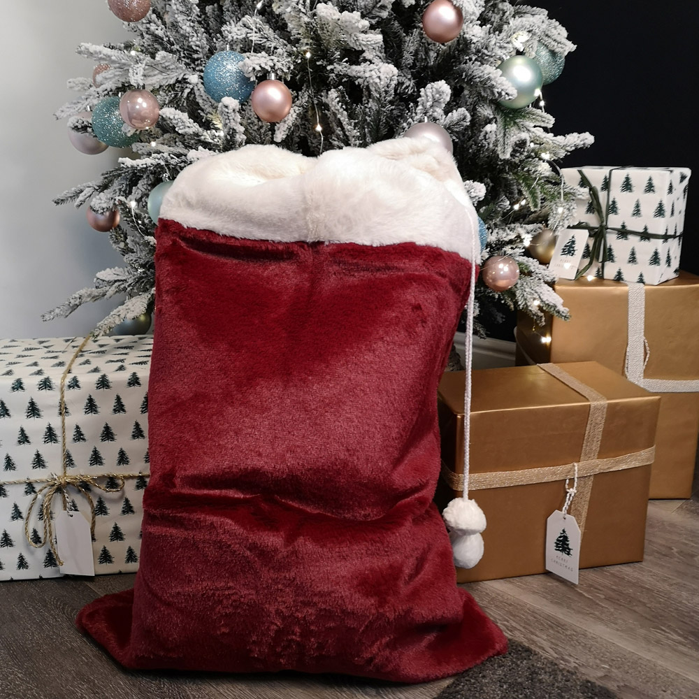 Samuel Alexander Red Christmas Present Sack with White Faux Fur Trim and Pom Poms Image 6