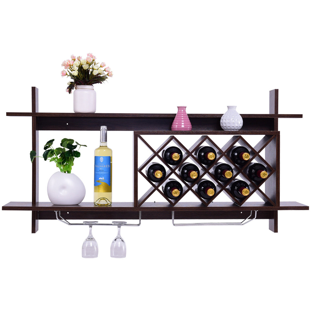 Costway Walnut Wall Mounted 10 Bottle Wine Rack Image 3