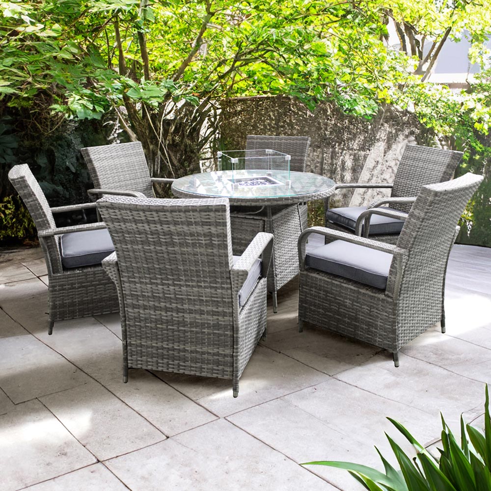 Oseasons Windsor 6 Seater Rattan Dining Set with Firepit Mixed Grey  Image 1