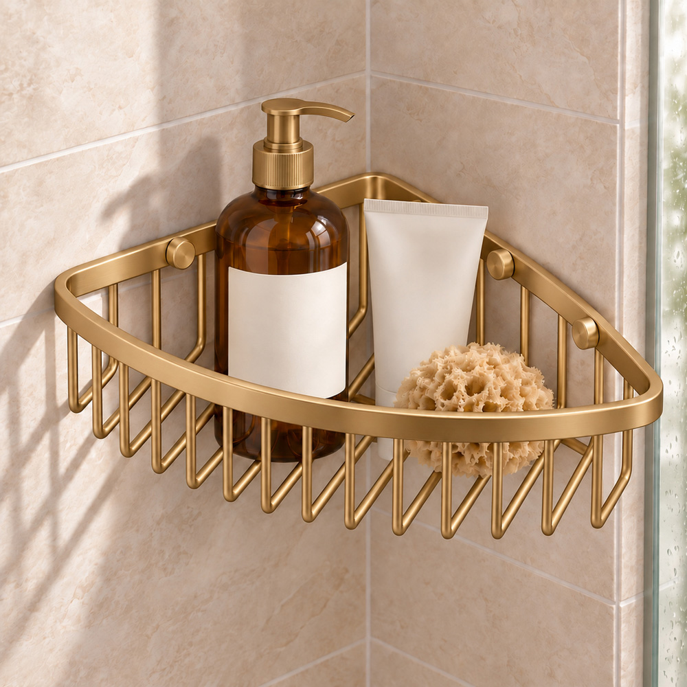 Go Bathrooms Brushed Gold Wall Mounted Corner Shower Basket Image 2