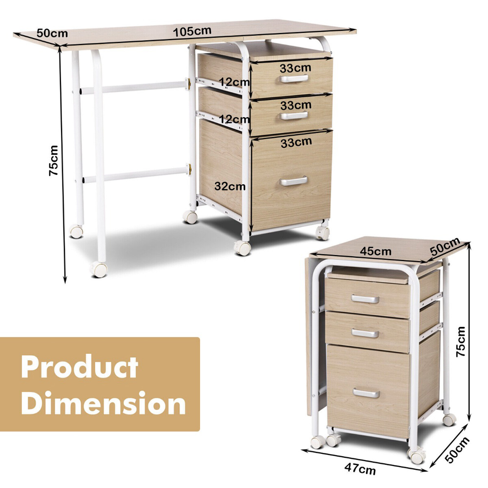 Costway 3 Drawer Folding Computer Desk with Rolling Wheels Natural Image 9