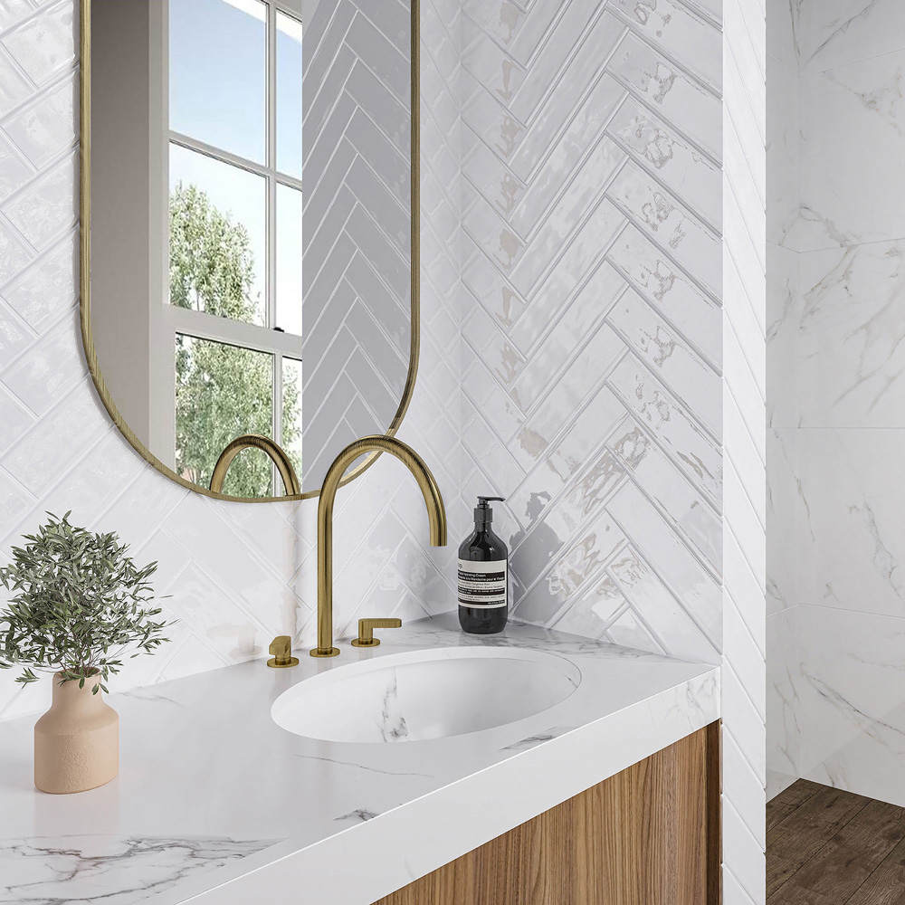 Top Ceramics White Gloss Flat Bumpy Metro Ceramic Wall Tile 300 x 75mm Image 1