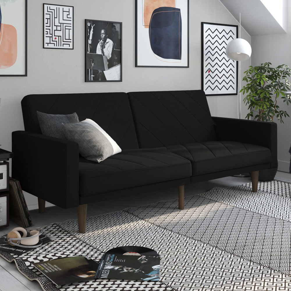 Dorel Paxson 3 Seater Linen Black Sofa Bed with Wooden Feet Image 1