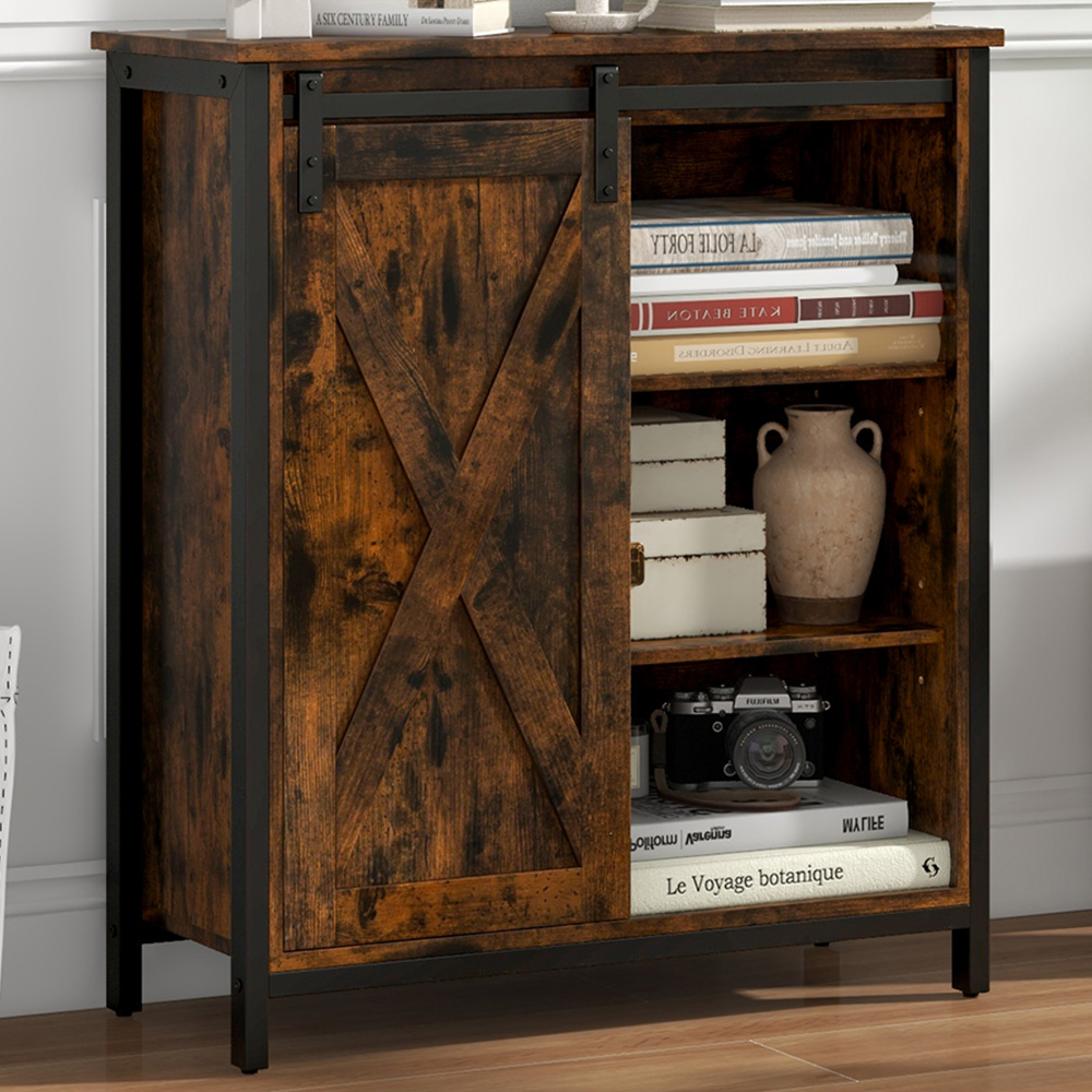 Costway Single Door 3 Shelf Rustic Brown Buffet Cabinet Image 1
