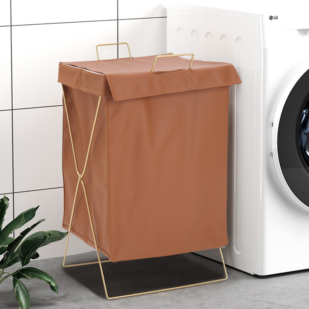Living and Home Brown Metal Frame PU Leather Collapsible Laundry Basket with Lid Image 2