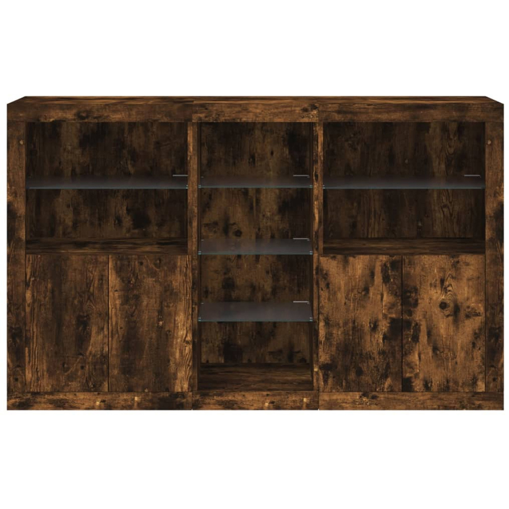 vidaXL 4 Door 8 Shelf Smoked Oak LED Sideboard 3 Piece Image 4