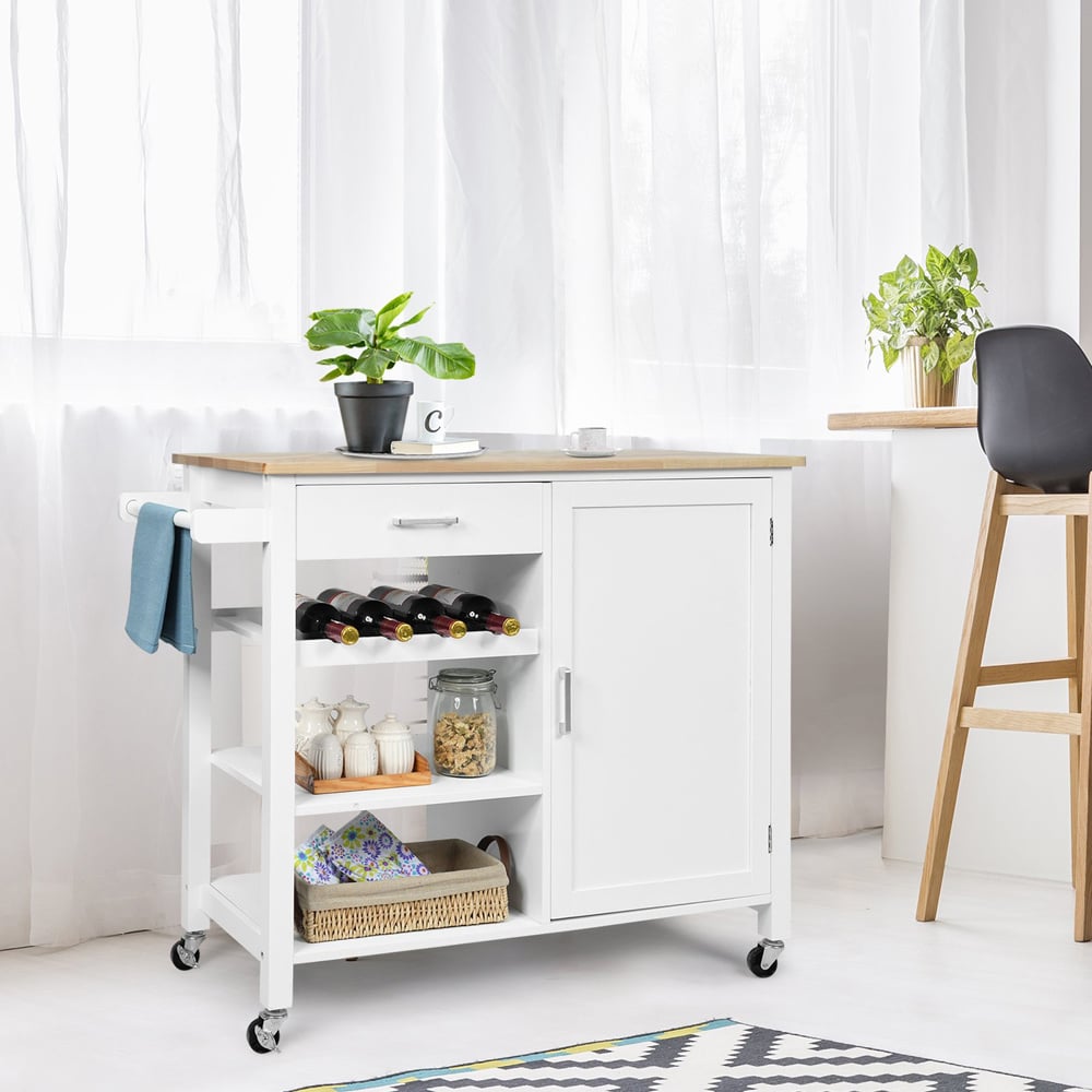 Costway White Rolling Kitchen Island Cart with Wine Rack Image 2
