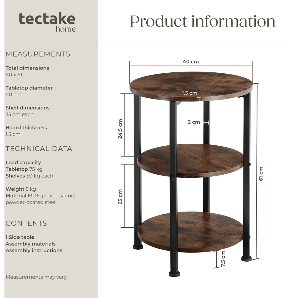 Tectake Colchester 2 Shelf Rustic Dark Wood Round Bedside Table Image 8