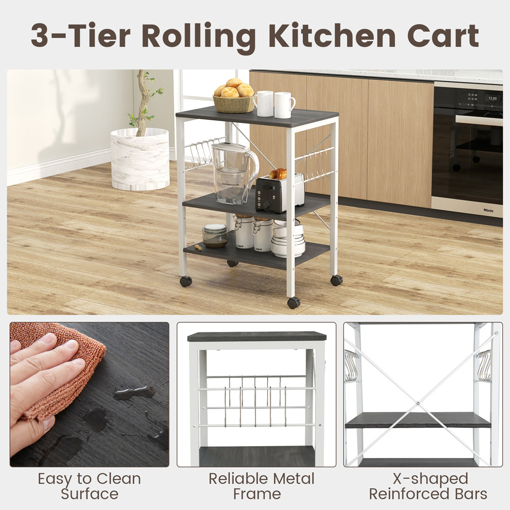Costway 3 Shelf White and Black Storage Trolley with Removable Hooks Image 7