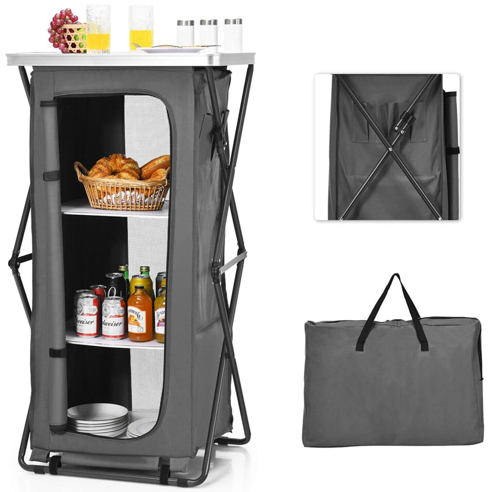 Costway 3 Shelf L Size Grey Foldable Camping Storage Cabinet with Carry Bag Image 2