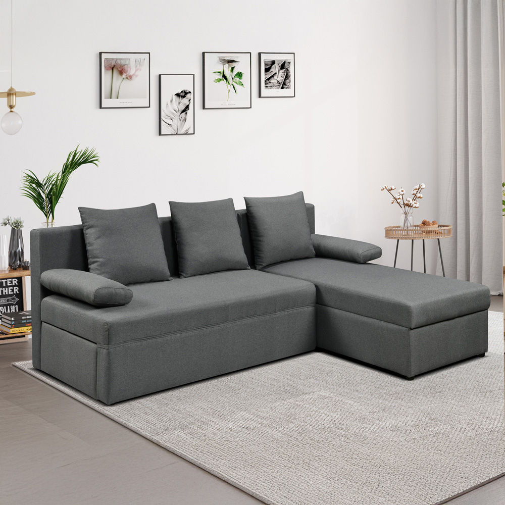 Comfy Living 3 Seater Grey Linen L Shaped Corner Sofa Bed with Storage Image 6