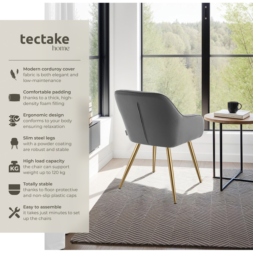 tectake Marilyn Set of 2 Grey and Gold Corduroy Padded Dining Chair Image 8