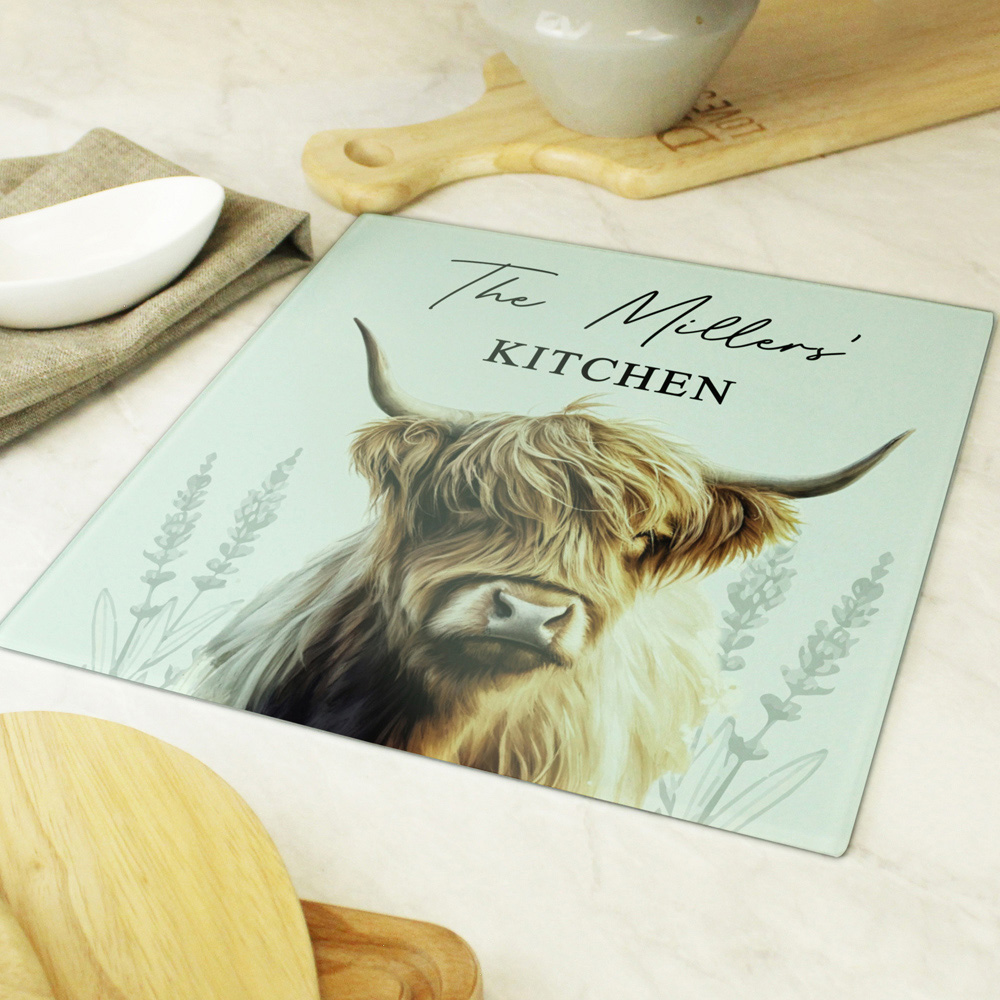 Personalised Memento Personalised Highland Cow Glass Chopping Board Image 3
