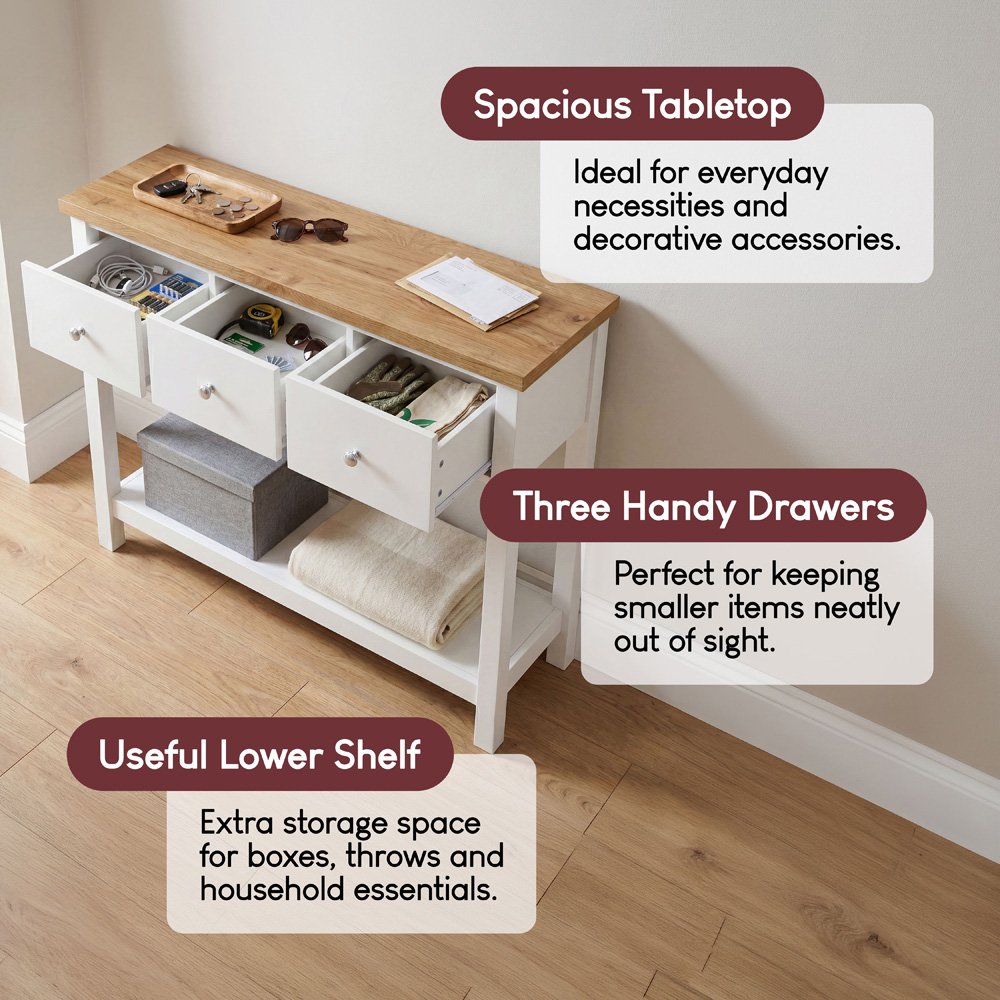VIDA DESIGNS Arlington 3 Drawer White and Oak Console Table Image 8
