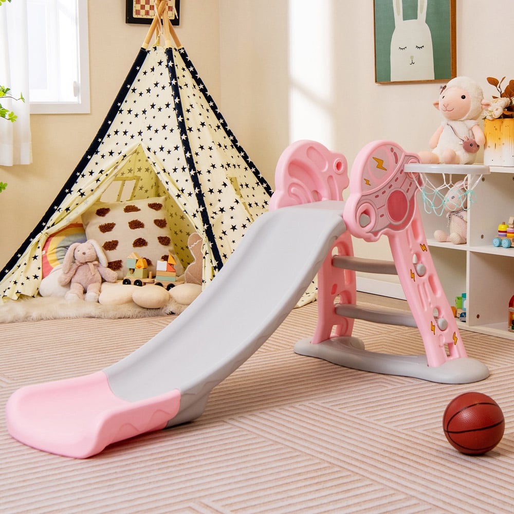 Costway 3 in 1 Pink Kids Indoor Slide with Basketball Hoop Image 2